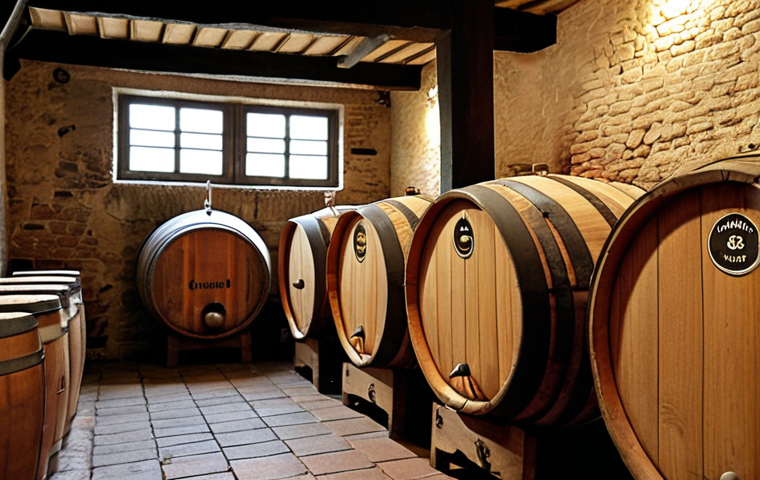 **Image:** A traditional Belgian lambic brewery interior.
**Prompt:** Inside a rustic lambic brewery, focus on the coolship (koelschip) filled with wort. Soft, diffused light. Show the aged oak barrels in the background, suggesting the long fermentation process.