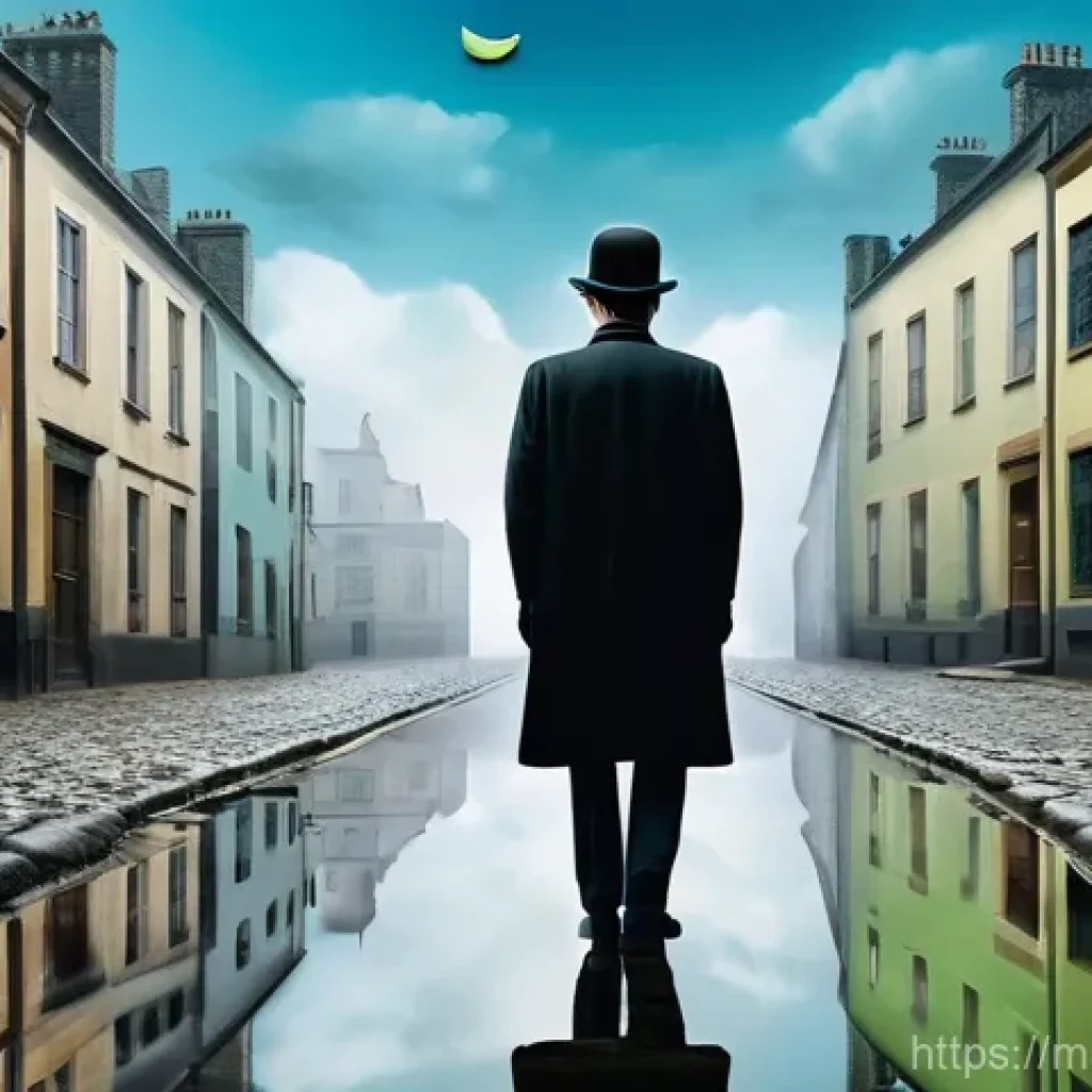 벨기에 유명 인물 - **A Surrealist Scene Inspired by René Magritte:** A sophisticated man in a dark bowler hat, his back...