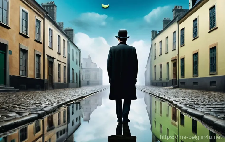 벨기에 유명 인물 - **A Surrealist Scene Inspired by René Magritte:** A sophisticated man in a dark bowler hat, his back...
