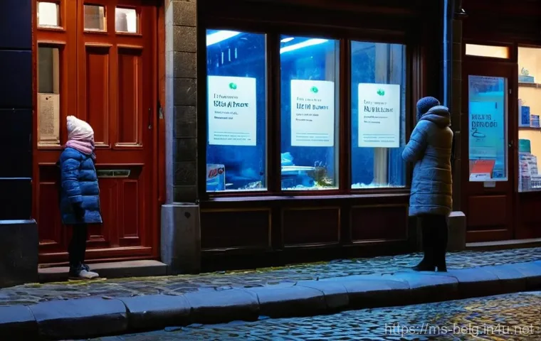 벨기에 약국 이용법 - Image Prompt 1: Late-Night Pharmacy Search in Brussels**