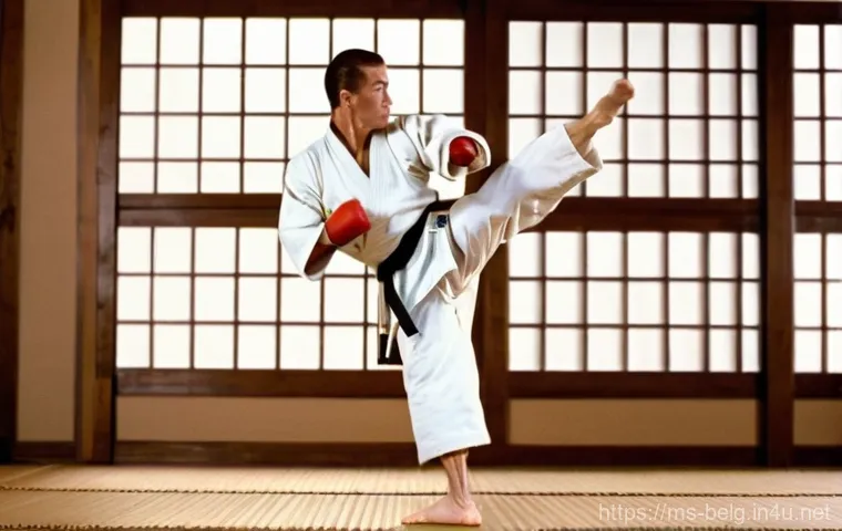 장 클로드 반담 - **Prompt:** A dynamic, full-body action shot of a young Jean-Claude Van Damme, captured mid-air as h...