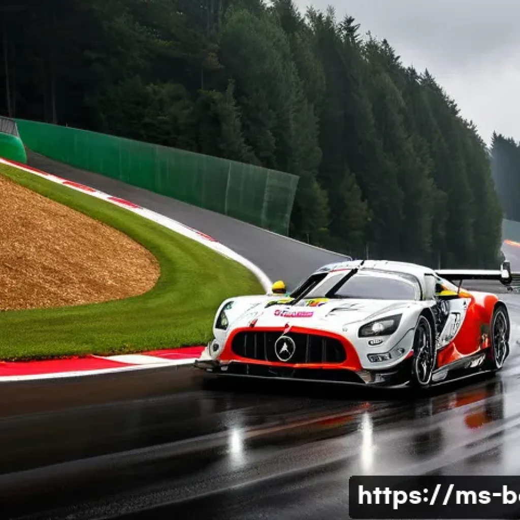 벨기에 모터스포츠 - A high-speed, dynamic shot of a modern GT race car navigating the iconic Eau Rouge-Raidillon complex...
