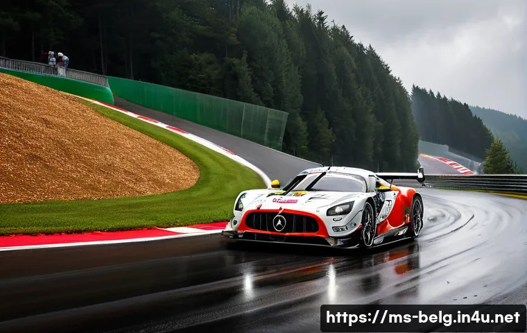 벨기에 모터스포츠 - A high-speed, dynamic shot of a modern GT race car navigating the iconic Eau Rouge-Raidillon complex...